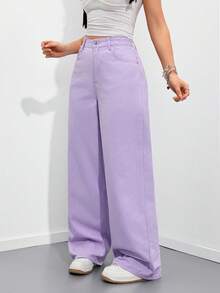 Rivivi Calça Jeans Casual de Cintura Alta, Corte Solto, Cor Sólida, com Bolso Diagonal - Roxo - Visão 4