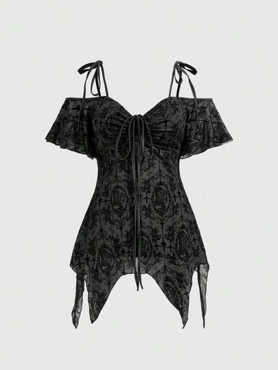 ROMWE Gothic Cross Vintage Print Asymmetrical Hem Off-Shoulder Lace Camisole Black Top