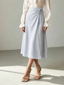 Uhlyne 女士优雅简约通勤休闲日常办公系带条纹针织灰白半身裙，适合春、夏、秋季穿着 - 淺灰色 - 查看 3