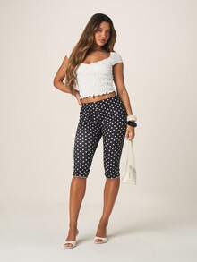 MISSGUIDED 女士高腰波点及膝紧身裤，弹力修身七分裤，舒适休闲日常穿着，黑白波点图案 - 黑色 - 查看 5