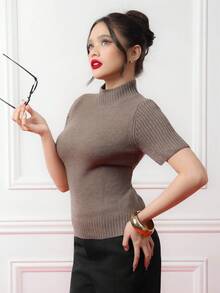 Criza Taa Women's Solid Color Turtleneck Short Sleeve Wool Knit Top, Deep Brown, Brown Sweater, Brown Tops , All Season, New Year Clothes Summer Casual - Coffee Brown - View 3