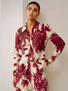 ZEYLAH 亚麻极简印花修身衬衫，春夏款 - 酒紅色 - 查看 7