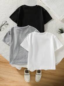 SHEIN 3件組小男孩純色仿雪花簡約時尚短袖套裝，舒適柔軟面料，適合日常穿著，休閒夏季款 - 彩色 - 查看 2