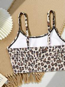 Elladie kids Tween Girls Bikini Sets - Girls' Swimsuit Set (Large). Simple And Stylish Black Leopard Print Pattern, Knitted Fabric, Gathered Details. Two-Piece Swimsuit, Perfect For Beach Weekends, Summer Wear, Vacation Vibes, Fashionable Basics, Stylish Casual, Exquisite And Elegant, Suitable For Swimming, Summer Vacations, Beaches, Seaside, Pools, Swimming Pools, Summer Parties, And Leisure Holidays. Leopard Bikini Set Bathing Suits For Teen Leopard Print Swimwear - Brown - View 5