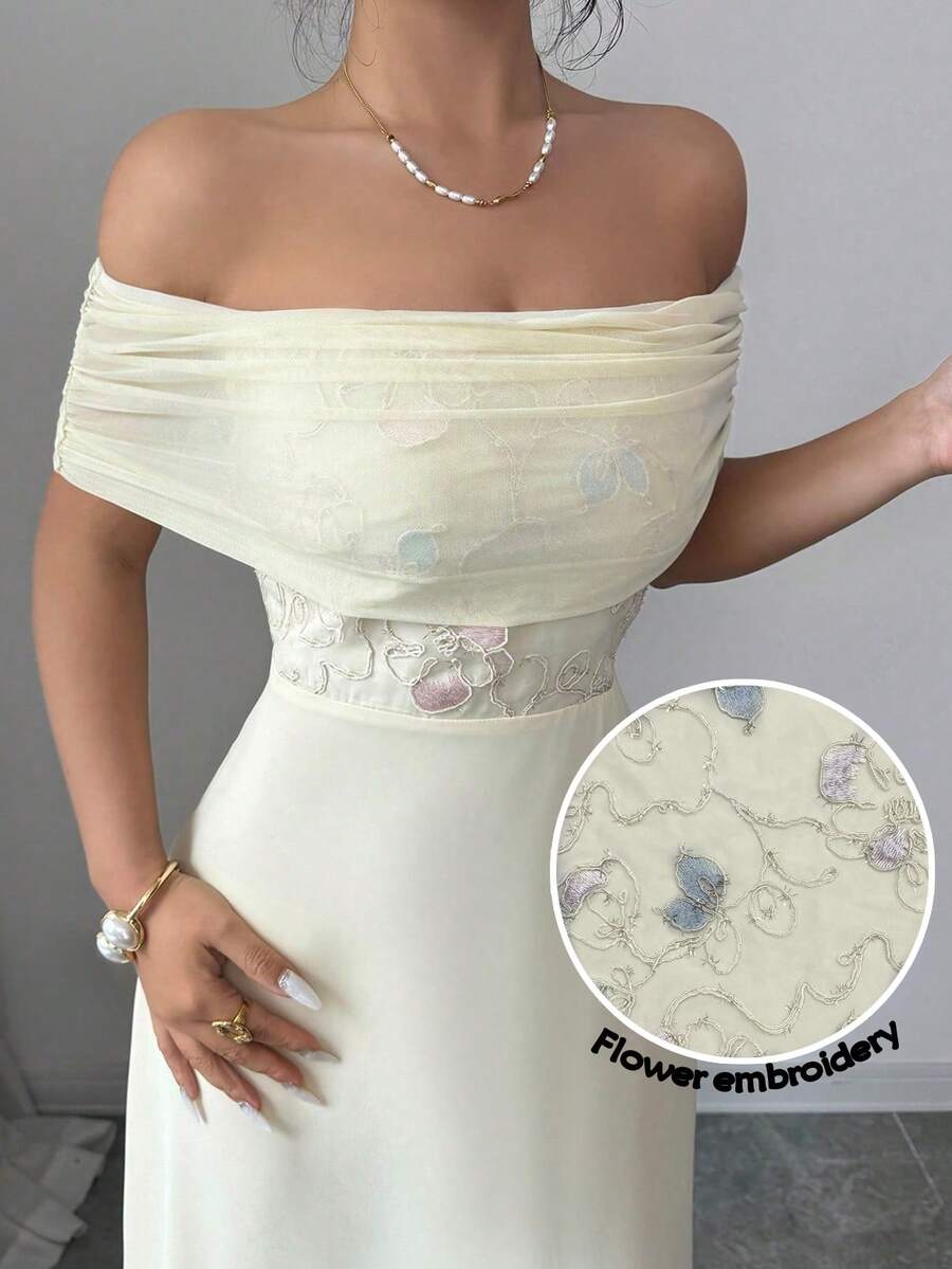 Modelyn Aprikot-farbenes Kleid mit Schulterausschnitt, bestickter Patchwork-Taille für Frauen - Aprikosenfarben - Übersicht 1