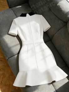 Franclia 女士优雅派对礼服、婚礼宾客礼服、毕业礼服、通勤连衣裙，衬衫领，纽扣，荷叶边下摆 - 白色 - 查看 2