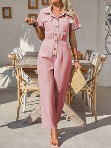 EMERY ROSE Women's Solid Color Front Button Casual Short Sleeve Jumpsuit, Spring/Summer - Pink - View 5