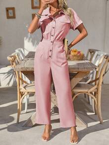 EMERY ROSE Women's Solid Color Front Button Casual Short Sleeve Jumpsuit, Spring/Summer - Pink - View 6