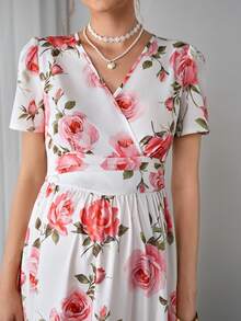 Momance 孕妇短袖A字连衣裙，腰部褶皱设计，荷叶边下摆，数码印花长裙 - 彩色 - 查看 8