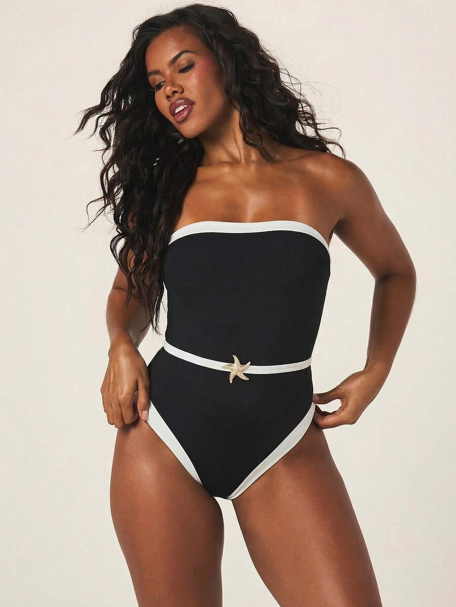 MISSGUIDED 女士无肩带连体泳衣，白色撞色滚边和腰带设计，适合海滩度假和夏季游泳池穿着 - 黑與白 - 查看 1