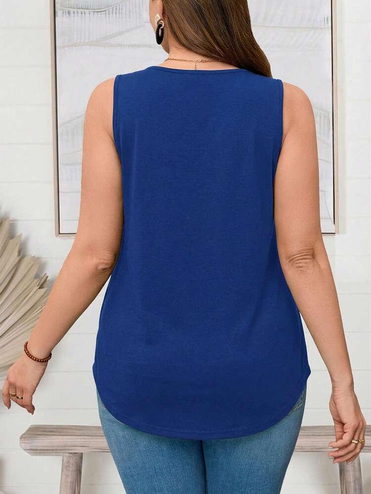 Plus Size Women's V-Neck Sleeveless Curved Hem Floral Offset Casual Top, Spring Outfits For Women Summer Outfits For Women