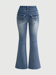 Strawberry Shortcake | ROMWE Women's Casual Fashionable Street Style Cute Cartoon Character Print Flare Jeans, Suitable For Daily Commute - Blue - View 2