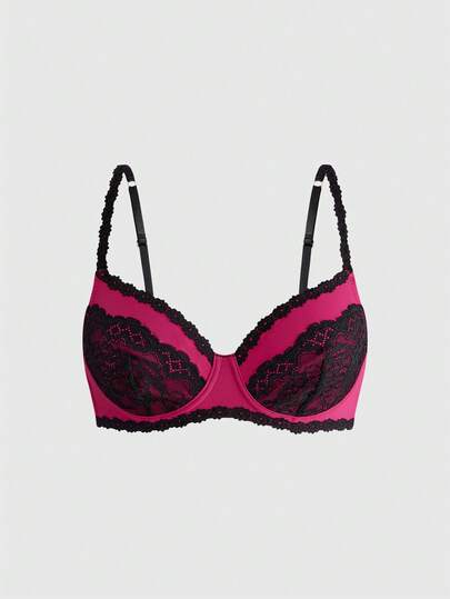 ROMWE Goth 1pc Lace Patchwork Underwire Bra For Women