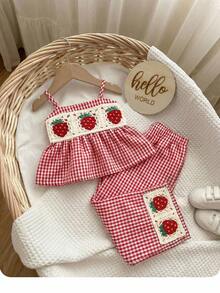 两件套女婴度假休闲杏色可爱红白格子草莓图案吊带背心和裤子套装 - 紅色 - 查看 5