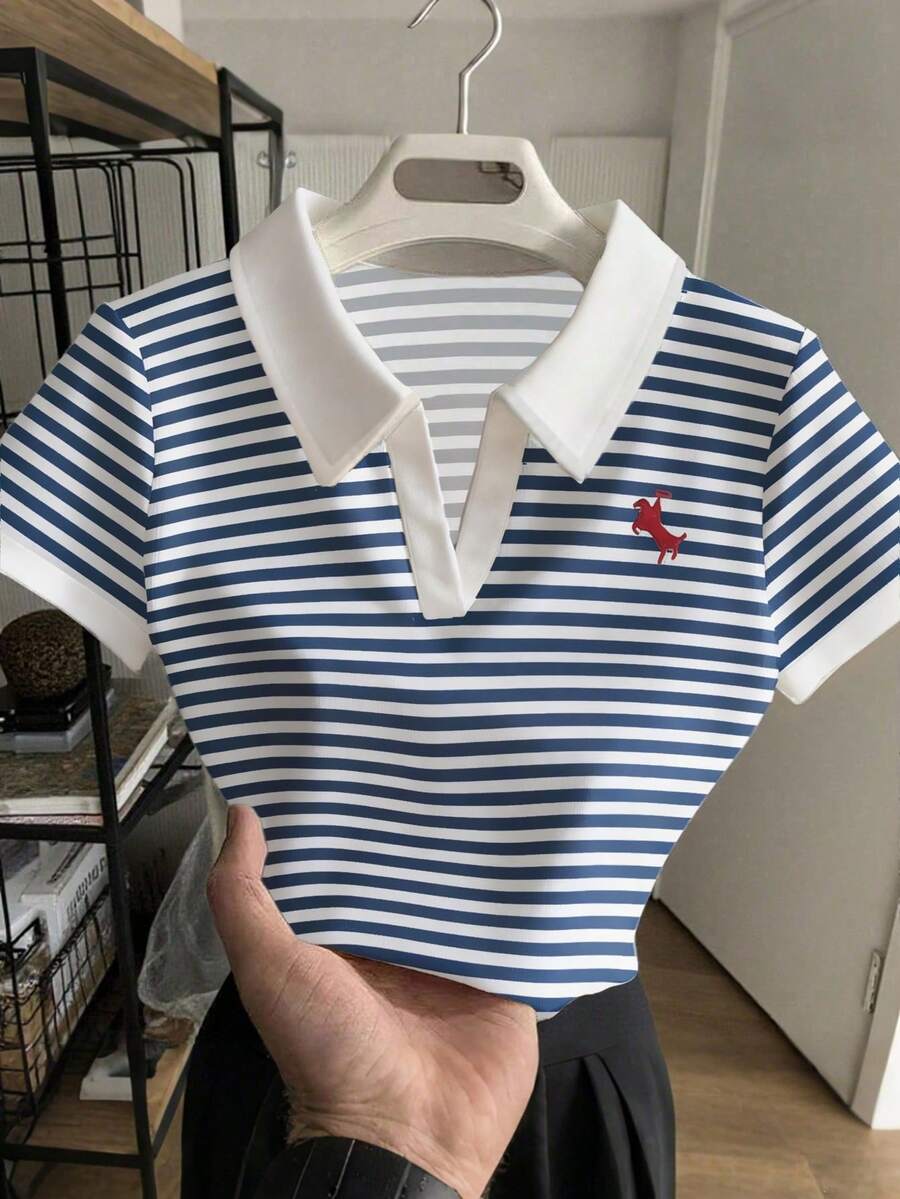 青少年女孩條紋 Polo 衫,嬰兒藍,夏季,海灘,運動,修身 T 恤,休閒白色與藍色拼接經典上衣 - 彩色 - 查看 1