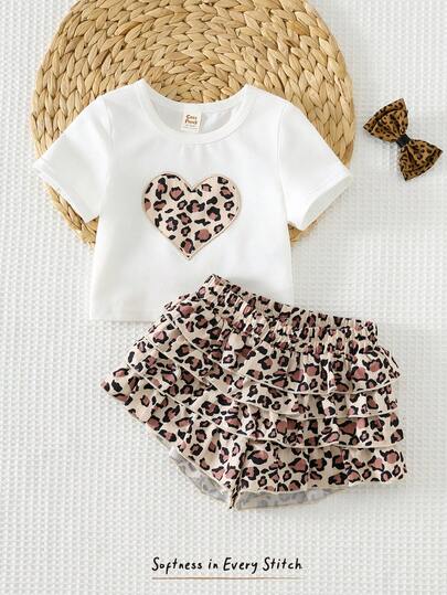Cozy Pixies 女婴豹纹爱心图案针织柔软圆领短袖T恤和松紧腰短裤两件套