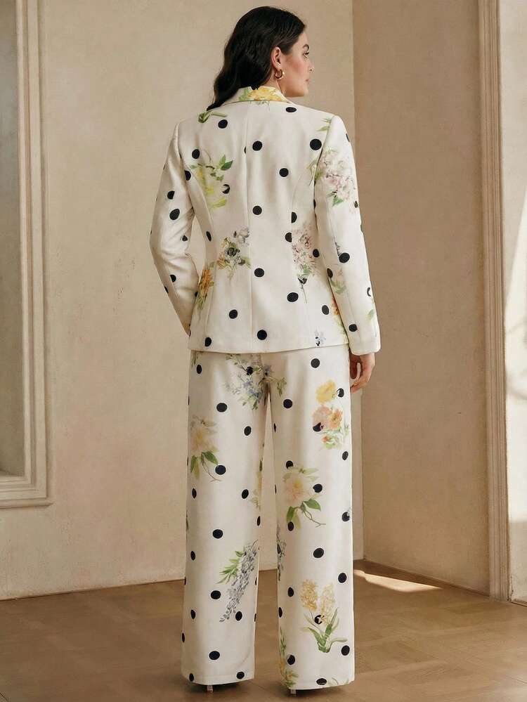 Anewsta Pantalones de vestir de alta calidad con estampado de lunares y flores para mujer de talla grande, adecuados para salir, fiestas y ocasiones formales - Blanco - Añade 4