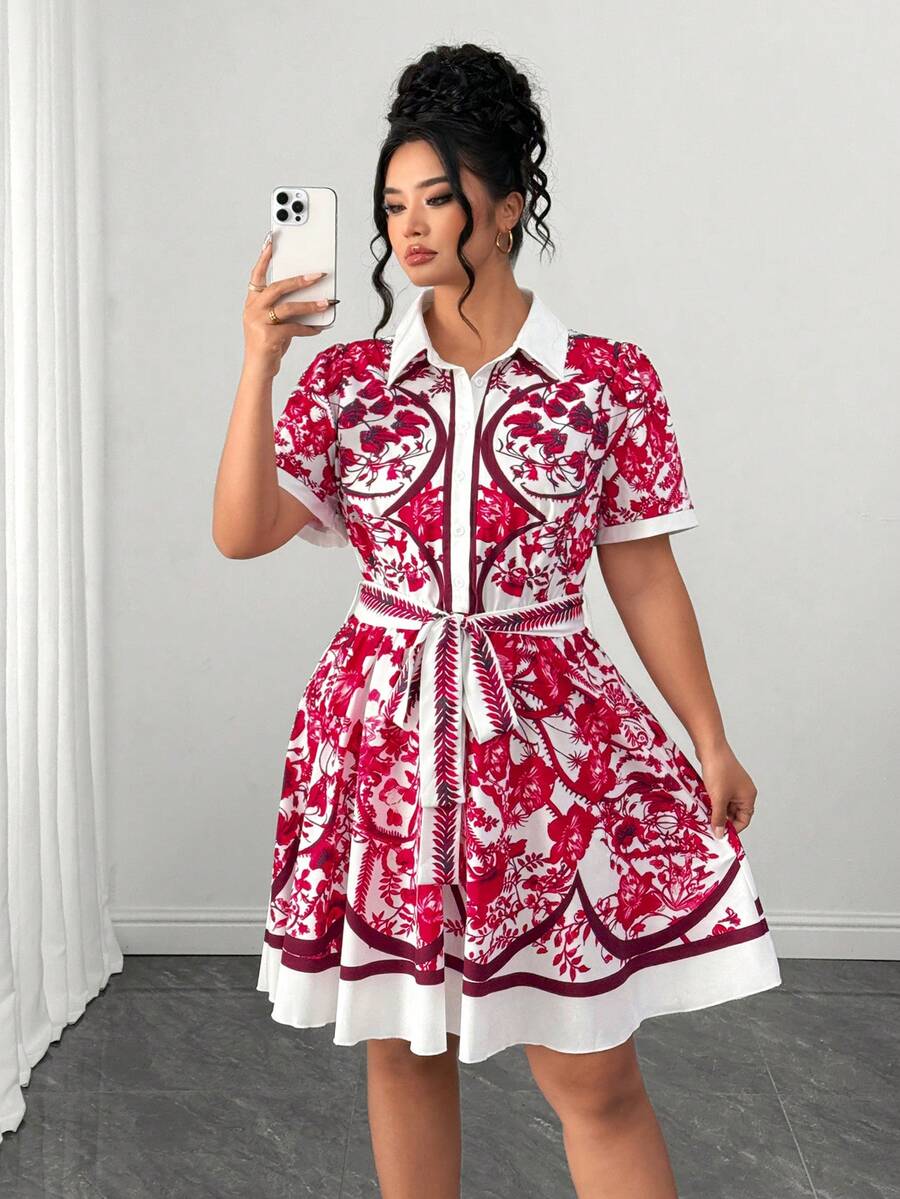 SHEIN Elenzya Plus Size Floral Print Short Sleeve Casual Dress - Red - View 1