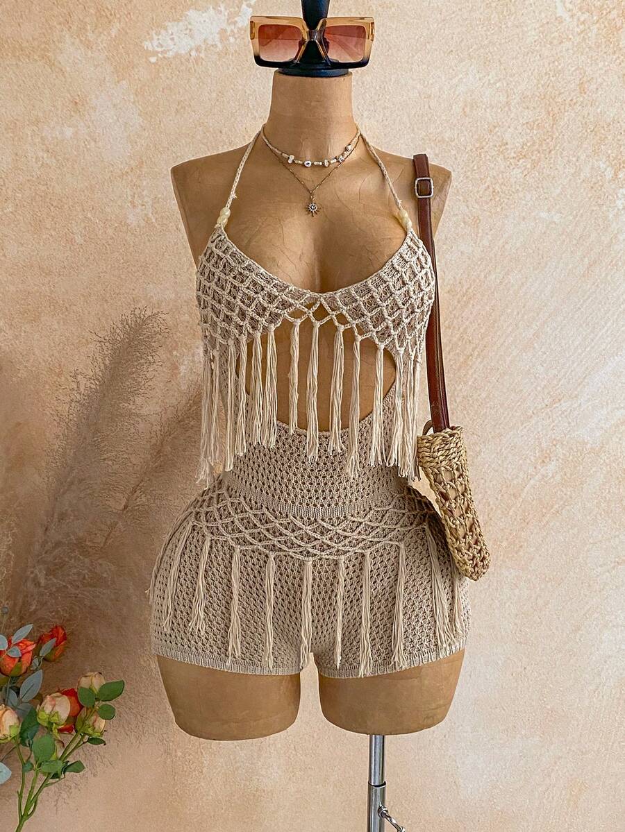 Soleia Bộ áo liền quần dệt kim nữ kiểu dáng buộc dây cổ tua rua, thích hợp mặc hàng ngày. - Cà phê nâu - Xem 1