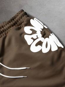 SLATEMANN Men's Letter Print Drawstring Waist Casual Versatile Daily Wear Shorts - Coffee Brown - View 5