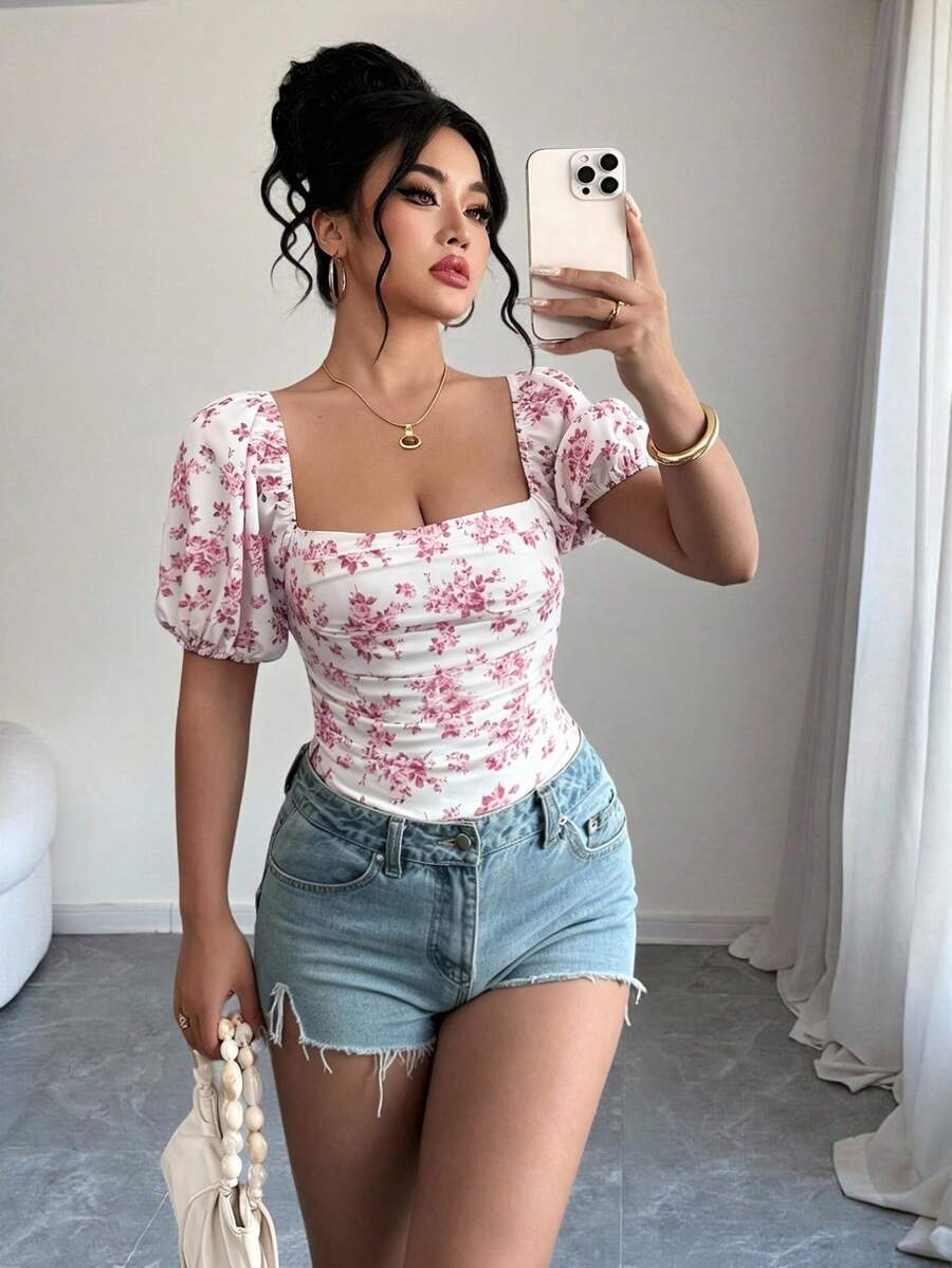SHEIN Elenzya Plus Size Women Elegant Square Neck Printed Blouse T-Shirt, Spring/Summer - Pink - View 1