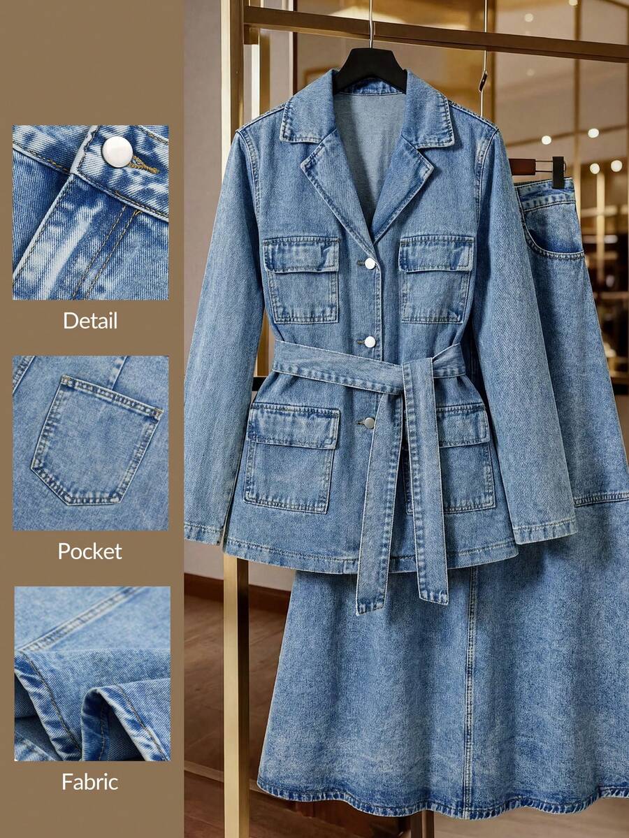 GlowEve Women's Casual Commuter Denim Midi Skirt With Pockets - Light Wash - View 1