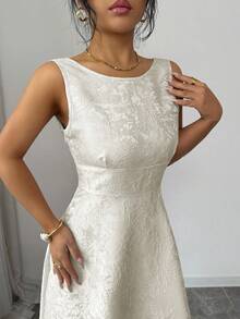SHEIN Elenzya 女款白色夏季優雅婚禮賓客提花露背腰部抓皺A字中長洋裝，法式復古無袖度假派對時尚 - 杏色 - 查看 7