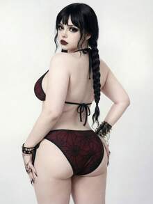 ROMWE Goth Bộ đồ bơi 2 mảnh cỡ lớn dành cho nữ, bikini lưới jacquard gợi cảm cho kỳ nghỉ hè. - Đỏ - Xem 3