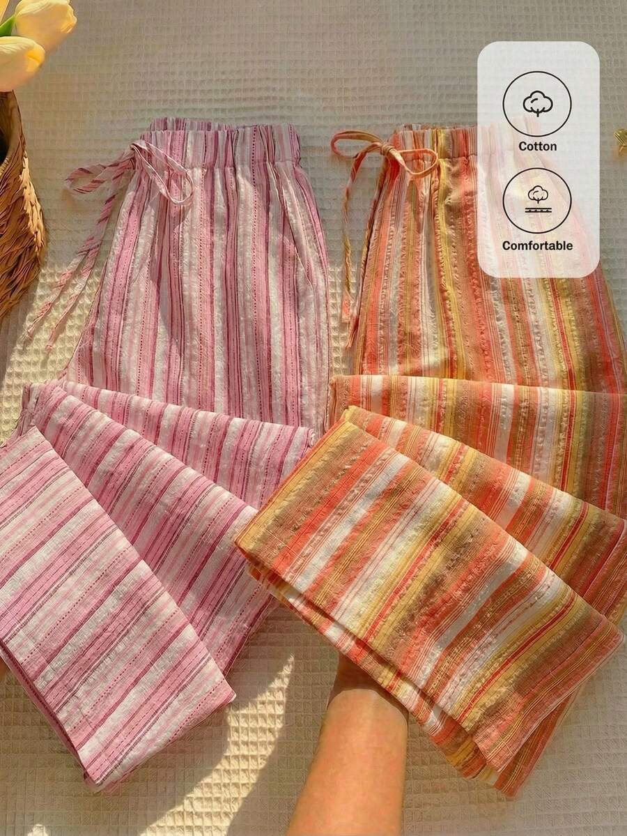 Comfortcana 2 chiếc quần màu nâu và hồng, quần sọc cam dành cho lễ hội âm nhạc, quần ống rộng dệt sọc hồng, quần sọc nhiều màu cam, quần sọc nhiều màu hồng, mùa hè, quần áo mùa hè cho nữ, quần áo mùa xuân hè cho nữ - Nhiều màu - Xem 1