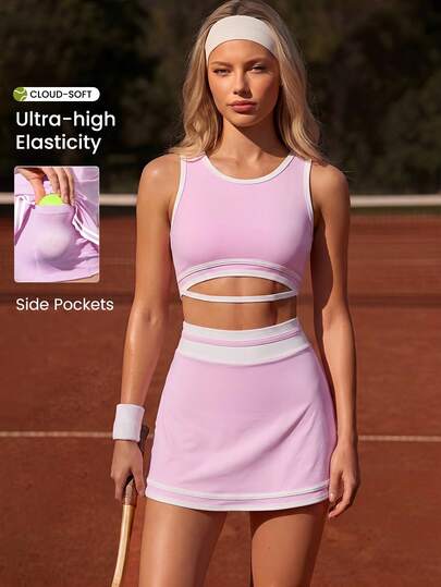 CourtClass Bộ đồ tennis nữ, màu hồng, bộ thể thao cạp cao ôm dáng, 2 mảnh gồm quần áo thể thao thường ngày và váy tập thể dục.