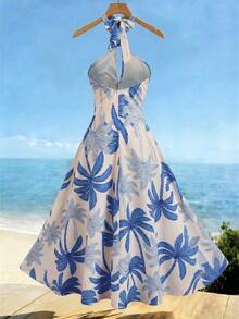 Franclia Women's Elegant Vacation Casual Printed Halter Backless Dress - Blue and White - View 2