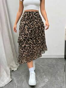 EMERY ROSE Plus Size Leopard Print Ruffle Hem Vacation Skirt - Multicolor - View 4