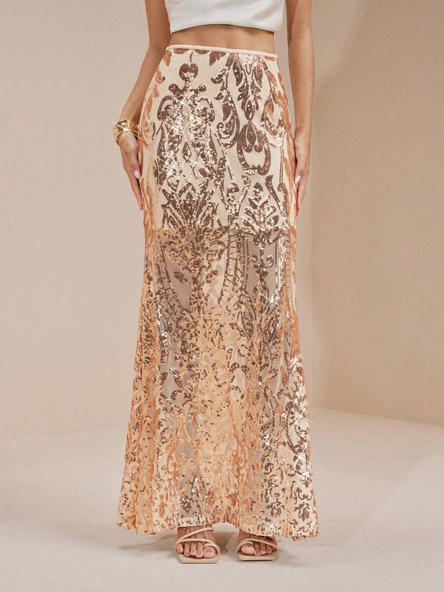 Arave Chân váy nữ dệt kim sa và vải đính sequin, kiểu đuôi cá, thanh lịch cho những buổi hẹn hò. - Màu be - Xem 1