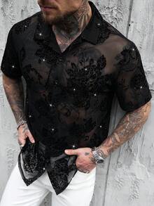 Zorclune 男士黑色花卉夏季優雅夜店晚宴襯衫，天鵝絨亮片透視網紗閃粉水鑽短袖鈕扣開襟領上衣 - 黑色 - 查看 5