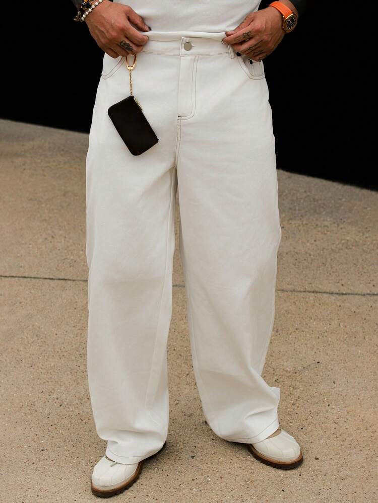 Long White Solid Color Loose Fit Pants For Men