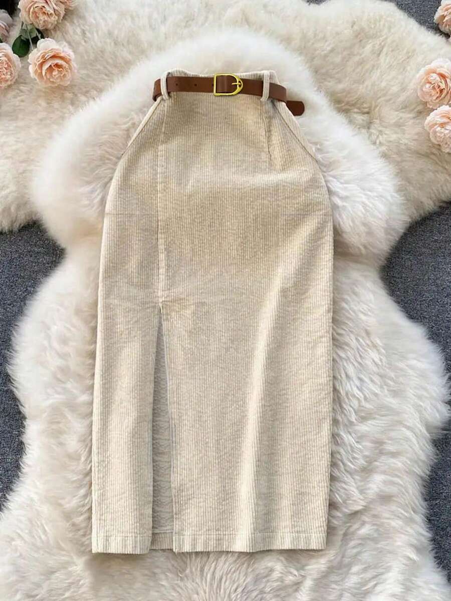 Franclia 女士卡其色灯芯绒口袋开衩半身裙配腰带 - 米色 - 查看 1