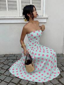SHEIN EZwear 女士绿色底粉色波点印花荷叶边下摆无肩带连衣裙，适合度假、秋季时尚、婚礼宾客着装、生日派对、户外活动等场合。 - 彩色 - 查看 3