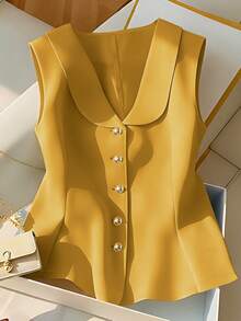 Franclia Elegant Sleeveless Yellow Blouse, Chic & Slimming Summer Top For Women - Ginger - View 3