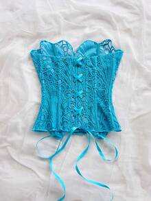 Soleia 女款水藍色平口蕾絲修身束胸上衣，鏤空刺繡夏季 70 年代度假派對度假穿搭 - 藍色 - 查看 2