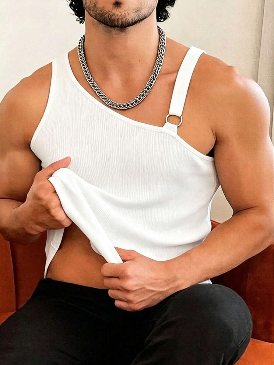 Manfinity Dauomo Men's Summer Fashion Solid Color Ribbed Oblique Shoulder Slim Fit Tank Top - White - View 1
