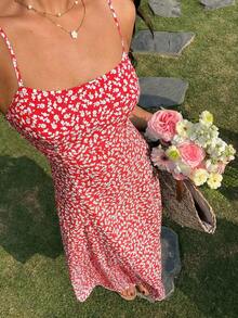 SHEIN EZwear 红色碎花吊带沙滩度假连衣裙（女款） - 紅色 - 查看 2