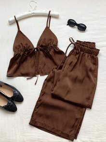 SHEIN Comfortcana Women's Brown Linen Camisole And Pants 2 Pieces Set, Summer Outfit - Brown - View 3