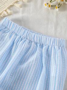 SHEIN Vintaside Kids 女婴纯色罗纹圆领荷叶袖T恤和图案长裤两件套，女婴服装，女婴套装，女婴上衣，适合派对、度假、乡村风格、夏季穿着 - 藍色 - 查看 8