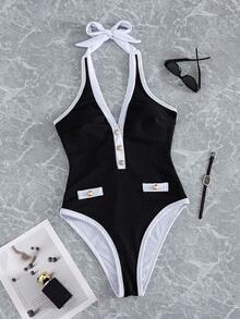 SHEIN Swim Chicsea 新款纯色黑白特殊面料仿纽扣深V连体衣，性感优雅沙滩度假泳装 - 黑與白 - 查看 4