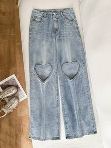 Elamini 女士心形镂空阔腿牛仔裤 - 藍色 - 查看 5