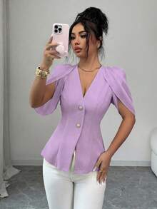 SHEIN Elenzya 女士优雅浪漫修身西装外套，V领设计，褶裥收腰 - 淡紫色 - 查看 4