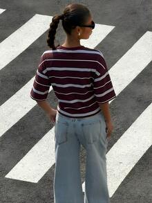 Muchica 休闲简约运动街头风百搭派对机场穿搭，蓝棕条纹小马图案印花，音乐节穿搭，女士夏季T恤 - 彩色 - 查看 2