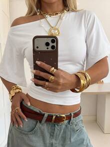 SHEIN EZwear 95%纯棉休闲复古百搭派对通勤保暖印花T恤，适合海滩、度假、夏季穿着，圆领收腰不规则蝙蝠袖。 - 白色 - 查看 6