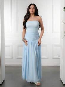 Criza Taa 2pcs/Set Women Vacation Romantic Pink Mesh Bandeau Top And High Waist Ruched Mesh Maxi Skirt, Spring/Summer - Baby Blue - View 5
