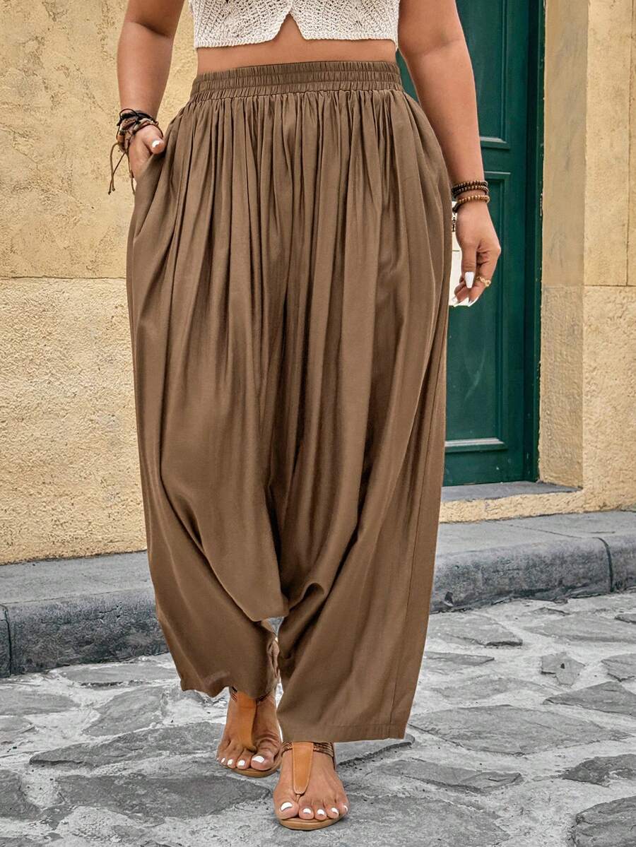 EMERY ROSE 大码女式梭织休闲宽松长裤，右侧带口袋，棕色波西米亚风长裤，女士夏季长裤，女士夏季哈伦裤，带口袋 - 棕色 - 查看 1